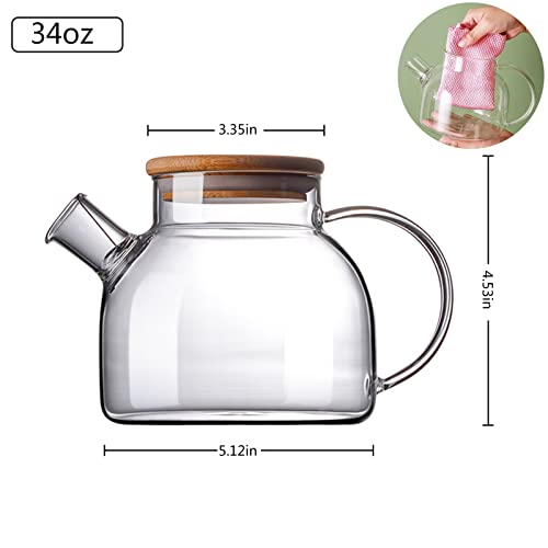 Glass Teapot, Stovetop & Microwave Safe Glass Borosilicate Teapot, Glass Teapot with Strainer, Glass Kettle with Wooden Lid, Loose Leaf and Fruit Tea and Fragrant Tea, 34oz/1000ml (Wooden Lid)