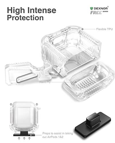 Dexnor Compatible with Airpods 1&2 Case, Clear Hard 2-Peice AirPods 1st(2016) & AirPods 2nd(2019) Generation Case with Keychain Clip for Boys Girls Women Men[LED Visible Support Wireless Charging]