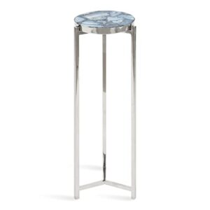 kate and laurel aguilar modern round drink table, 8 x 8 x 23, blue and silver, small accent table for use as plant pedestal stand with agate stone tabletop