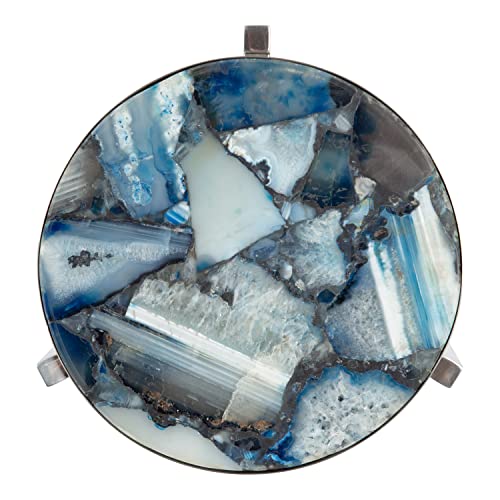 Kate and Laurel Aguilar Modern Round Drink Table, 8 x 8 x 23, Blue and Silver, Small Accent Table for Use as Plant Pedestal Stand with Agate Stone Tabletop