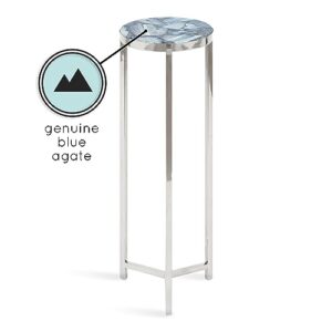 Kate and Laurel Aguilar Modern Round Drink Table, 8 x 8 x 23, Blue and Silver, Small Accent Table for Use as Plant Pedestal Stand with Agate Stone Tabletop