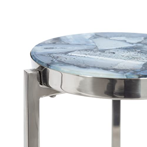 Kate and Laurel Aguilar Modern Round Drink Table, 8 x 8 x 23, Blue and Silver, Small Accent Table for Use as Plant Pedestal Stand with Agate Stone Tabletop