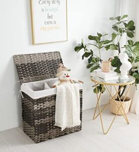 caozichun laundry hamper, 110l divided laundry basket with removable liner bag, handwoven synthetic rattan clothes hamper with lid and handles, foldable, 22 x 13 x 24 inches, gray