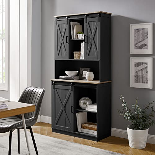 GOOD & GRACIOUS Kitchen Pantry Freestanding Hutch Storage Cabinet with Sliding Barn Door Black Paint Finish