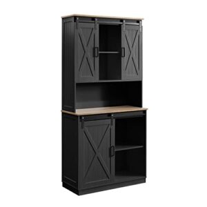 GOOD & GRACIOUS Kitchen Pantry Freestanding Hutch Storage Cabinet with Sliding Barn Door Black Paint Finish