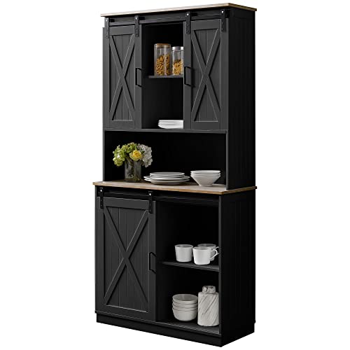 GOOD & GRACIOUS Kitchen Pantry Freestanding Hutch Storage Cabinet with Sliding Barn Door Black Paint Finish