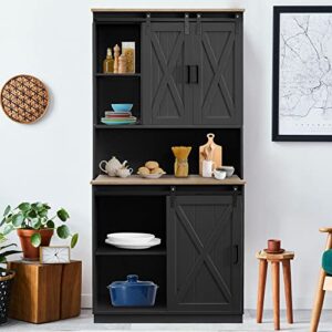 GOOD & GRACIOUS Kitchen Pantry Freestanding Hutch Storage Cabinet with Sliding Barn Door Black Paint Finish