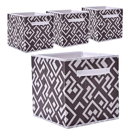 4 pc Cube Storage Bin Set – 11 inch Foldable Storage Cubes - Fabric Bins for Shelf, Closet, Clothes Organizer, 11X11 Foldable Basket, Decorative Cute Pattern Canvas Organization (Yellow, Blue & Brown) (Brown)