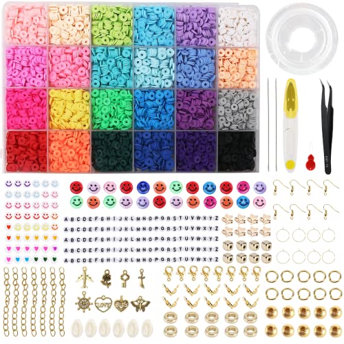 LauCentral 6100+ PCS Clay Beads Bracelet Making Kits, 24 Colors 6mm Flat Round Polymer Heishi Beads Supplies for Jewelry Necklace Earrings DIY Arts Crafts Accessories Gifts Age 4 5 6 7 8 9 10 11 12