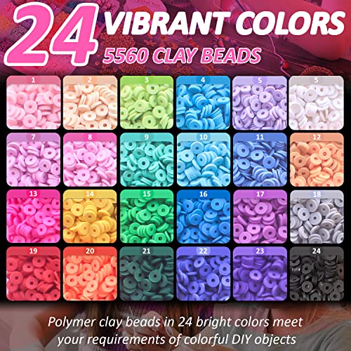 LauCentral 6100+ PCS Clay Beads Bracelet Making Kits, 24 Colors 6mm Flat Round Polymer Heishi Beads Supplies for Jewelry Necklace Earrings DIY Arts Crafts Accessories Gifts Age 4 5 6 7 8 9 10 11 12