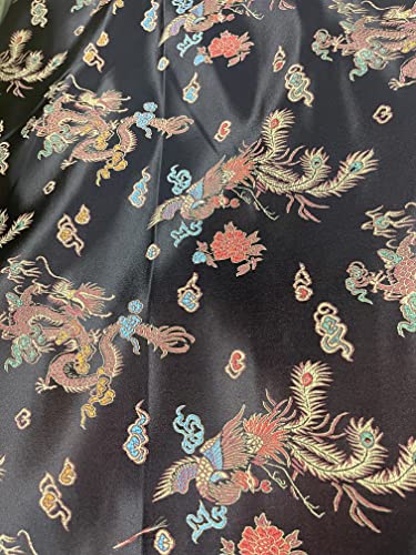 Chinese Dragon Brocade Fabric Sold by The Yard (Black)