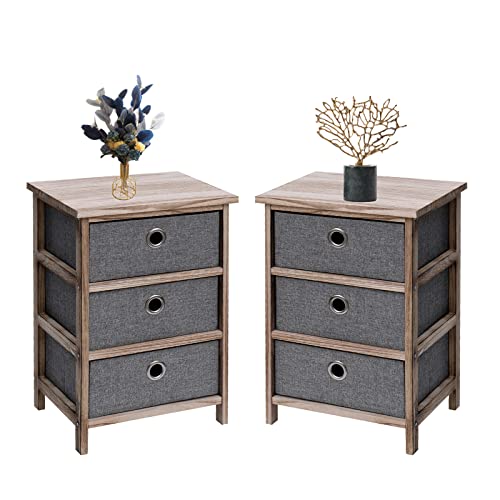 ECOMEX Nightstand Set of 2, Nightstands with Drawer, Wood Nightstand Easy Assembly Bedside Table with 3 Fabric Drawers,Small Nightstand for Bedroom.Grey