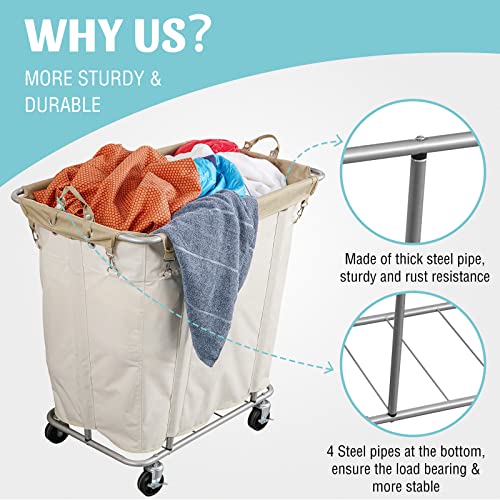 PLKOW Laundry Cart with Wheels 320L Large Rolling Laundry Cart for Commercial/Home, Rolling Laundry Basket with Steel Frame and Waterproof Lining, 9 Bushel, 32.3L x 19.7W x 30.7H Inch, Beige