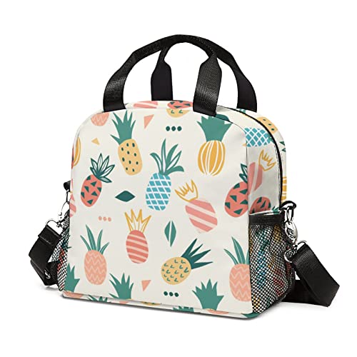 Insulated Kids Lunch Bag, Reusable Lunch Box Container with Adjustable Shoulder Strap for Adult Work School Travel, Thermal Lunch Tote Cooler Bag with Side Pockets for Boys Girls Women Men (Pineapple)