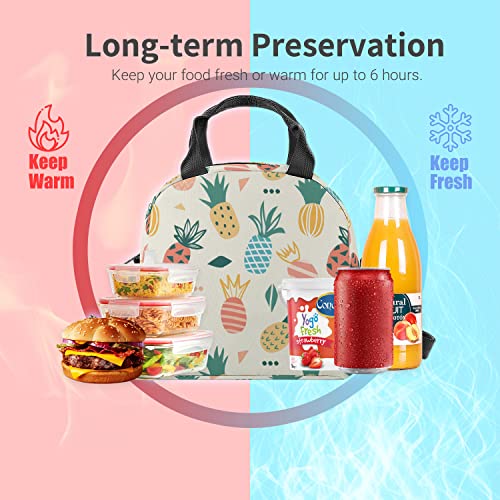 Insulated Kids Lunch Bag, Reusable Lunch Box Container with Adjustable Shoulder Strap for Adult Work School Travel, Thermal Lunch Tote Cooler Bag with Side Pockets for Boys Girls Women Men (Pineapple)