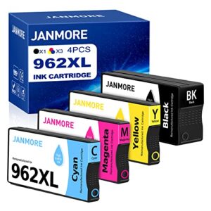 janmore remanufactured ink cartridge replacement for hp 962 962xl, black cyan magenta yellow, for hp officejet pro 9010, 9012, 9015, 9015e, 9018, 9019, 9020, 9025e, 9027, 9029 printers (4 pack)