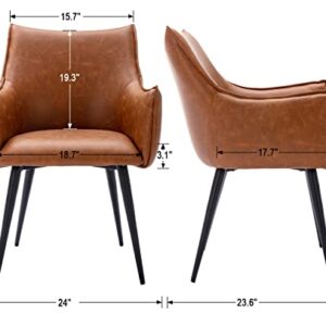 ZSARTS Brown Leather Dining Chair Modern Accent Chair Armchair Comfy Upholstered Living Room Chair Side Chair Desk Chair with Metal Legs for Kitchen Bedroom Small Corner,Brown