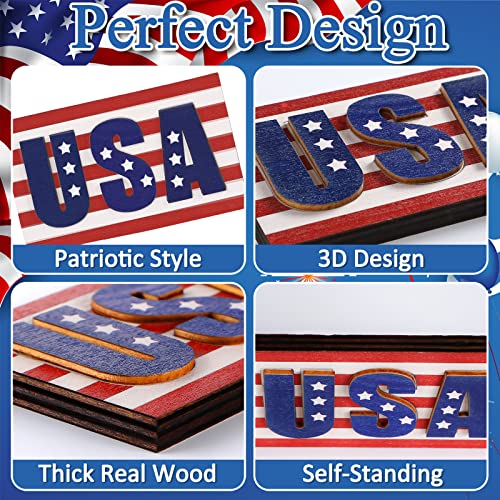 12 Pcs Patriotic Tiered Tray Decor Wooden Decoration Set Rustic Farmhouse Decor for Labor Day May Day Red White Blue Decoration Tiered Tray Decor for Workers' Day