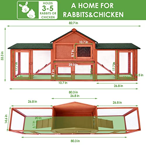 Arlopu 83" Rabbit Hutch Outdoor, Extra-Large Wooden Rabbit Cages Indoor, Bunny Poultry Animals Pet Cages, Weather-Proof Hamster House w/Removable Tray, 2 Ramps, 4 Ventilation Doors, for Yard, Farm