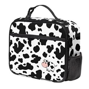 lunch bag for teen boys girls, stylish reusable insulated lunch box with side pocket for adult and kids, durable cooler lunch tote bag with detachable handle for school work (cute cow)