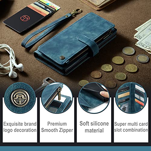 REEGINCH Samsung Galaxy A13 5G Case, Samsung A13 4G Wallet Case for Women Men, Durable PU Leather Case Magnetic Flip Zipper Card Holder Wristlet Strap Kickstand Phone Case for Samsung Galaxy A13, Blue