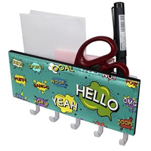 Collection of Explosion Comic Mail Holder Organizer and Key Hooks PU Front, Self Adhesive Key Rack with 5 Hooks Perfect for Entryway, Hallway，Bathroom ，Kitchen