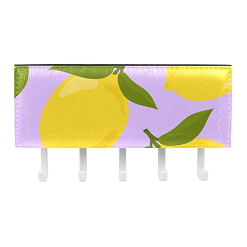 Colorful Hand Drawn Lemon Pattern Mail Holder Organizer and Key Hooks PU Front, Self Adhesive Key Rack with 5 Hooks Perfect for Entryway, Hallway，Bathroom ，Kitchen