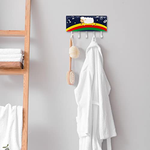 Bed Time Sheep Rainbow Night Mail Holder Organizer and Key Hooks PU Front, Self Adhesive Key Rack with 5 Hooks Perfect for Entryway, Hallway，Bathroom ，Kitchen