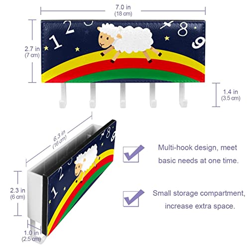 Bed Time Sheep Rainbow Night Mail Holder Organizer and Key Hooks PU Front, Self Adhesive Key Rack with 5 Hooks Perfect for Entryway, Hallway，Bathroom ，Kitchen