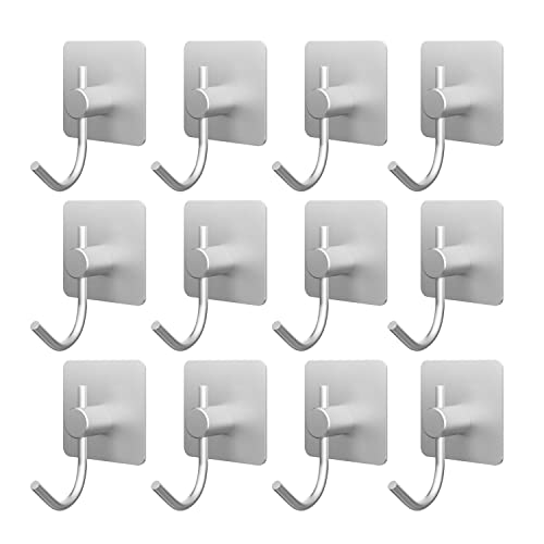 VAEHOLD Adhesive Wall Hooks, Heavy Duty Sticky Holder Waterproof Aluminum Towel Hooks for Hanging Coat, Hat, Towel, Key, Clothes, Closet Hook Wall Mount for Kitchen, Bathroom, Office (12, Silver)