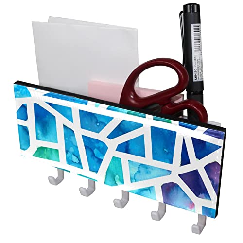 Triangle Mosaico Pattern Mail Holder Organizer and Key Hooks PU Front, Self Adhesive Key Rack with 5 Hooks Perfect for Entryway, Hallway，Bathroom ，Kitchen