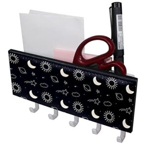 space background mail holder organizer and key hooks pu front, self adhesive key rack with 5 hooks perfect for entryway, hallway，bathroom ，kitchen