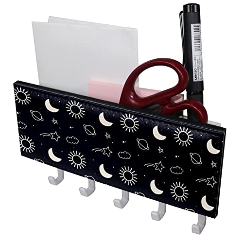 Space Background Mail Holder Organizer and Key Hooks PU Front, Self Adhesive Key Rack with 5 Hooks Perfect for Entryway, Hallway，Bathroom ，Kitchen