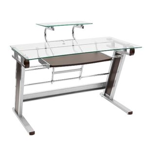 techni mobili home office workstation with sturdy chrome base, glass computer desk