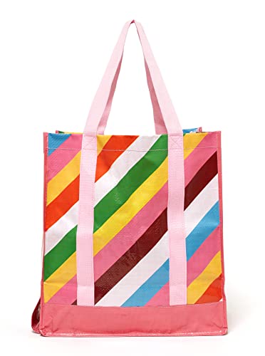 ban.do Foldable Market Tote, Reusable Grocery Bag with Shoulder Straps, Large Tote for Beach, Produce, or Shopping (Rainbow Stripe)