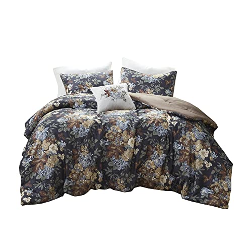 Madison Park Amelie Comforter Set - Feminine Design Colorful Floral Print, All Season Down Alternative Bedding Layer and Matching Shams, Full/Queen, Black 4 Piece