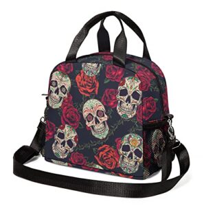 reusable skull lunch box for boy girl man women, adjustable shoulder strap insulated lunch bag lunch tote bag for travel picnic office work