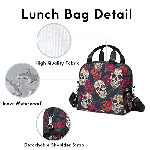 Reusable Skull Lunch Box for Boy Girl Man Women, Adjustable Shoulder Strap Insulated Lunch Bag Lunch Tote Bag for Travel Picnic Office Work