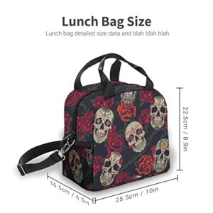 Reusable Skull Lunch Box for Boy Girl Man Women, Adjustable Shoulder Strap Insulated Lunch Bag Lunch Tote Bag for Travel Picnic Office Work