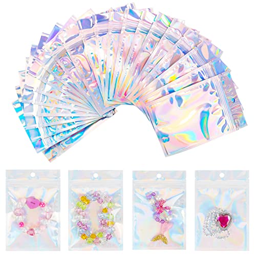 100 Pieces Mylar Bags Holographic Packaging Bags, Foil Pouch Ziplock Bags for Food Storage and Lipgloss, Jewelry, Eyelash Packaging (4X6 inches)