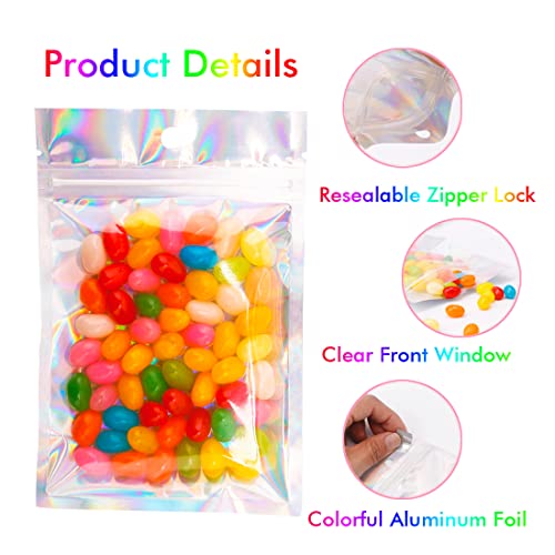 100 Pieces Mylar Bags Holographic Packaging Bags, Foil Pouch Ziplock Bags for Food Storage and Lipgloss, Jewelry, Eyelash Packaging (4X6 inches)