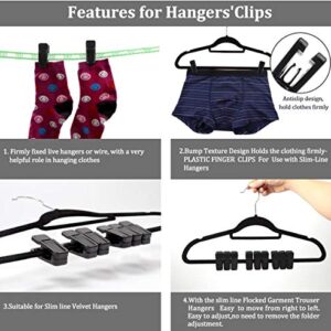FLOLATIDIA Standard Hanger Clips,Clothes Pins Plastic Finger Clips for Flocked Garment Trouser Slim-line Velvet Hanger-Removable (Black, 20)