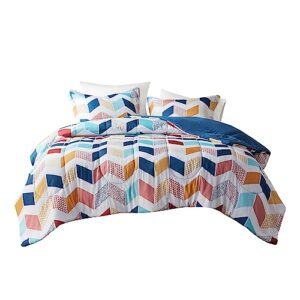 Comfort Spaces Kylar Cozy Comforter Set, Vibrant Chevron Ruching Design with Solid Reverse, All Season Down Alternative Bedding with Matching Sham, Full/Queen (88 in x 92 in), Multi/Aqua 3 Piece