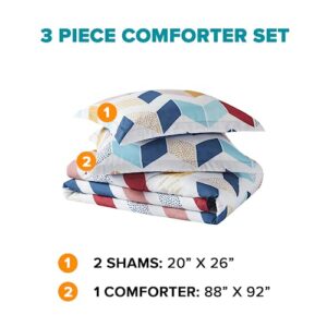 Comfort Spaces Kylar Cozy Comforter Set, Vibrant Chevron Ruching Design with Solid Reverse, All Season Down Alternative Bedding with Matching Sham, Full/Queen (88 in x 92 in), Multi/Aqua 3 Piece