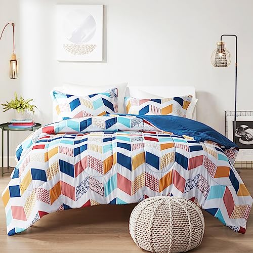 Comfort Spaces Kylar Cozy Comforter Set, Vibrant Chevron Ruching Design with Solid Reverse, All Season Down Alternative Bedding with Matching Sham, Full/Queen (88 in x 92 in), Multi/Aqua 3 Piece