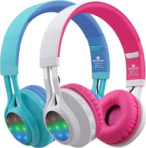 riwbox 2 packs wt-7s kids headphones wireless, foldable stereo bluetooth headset with mic compatible with pc/laptop/tablet/ipad (blue-pink)