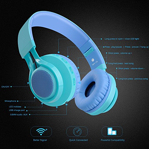 Riwbox 2 Packs WT-7S Kids Headphones Wireless, Foldable Stereo Bluetooth Headset with Mic Compatible with PC/Laptop/Tablet/iPad (Blue-Pink)