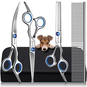 pets vv dog grooming scissors kit with safety round tips, stainless steel 5 in 1 dog grooming supplies shears tools comb set, professional pet grooming scissors thinning curved shears for dogs & cats