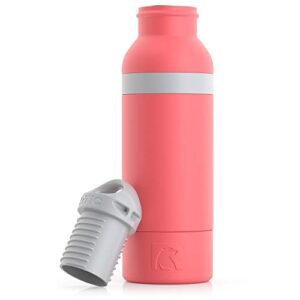rtic bottle chiller water bottle insulated cooler for 12oz glass soda bottle or 16oz aluminum bottle, double wall vacuum insulation, stainless steel sweat proof with built-in bottle opener, coral
