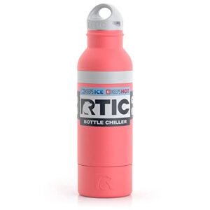 RTIC Bottle Chiller Water Bottle Insulated Cooler for 12oz Glass Soda Bottle or 16oz Aluminum Bottle, Double Wall Vacuum Insulation, Stainless Steel Sweat Proof with Built-In Bottle Opener, Coral